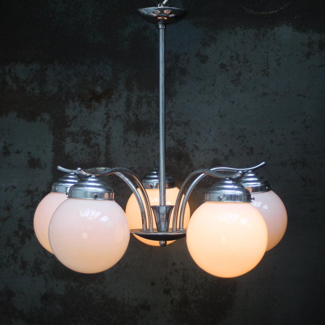French Art Deco Nickel-plated brass pendant with 5 opal glass globes Diameter glass globes 150 mm 5x E27/E26 Diameter...