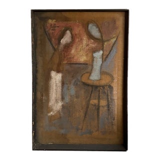 Original Mid Century Salvatore Emblema Painting on Jute - A Figure and a Looking Glass on a Table, Signed For Sale