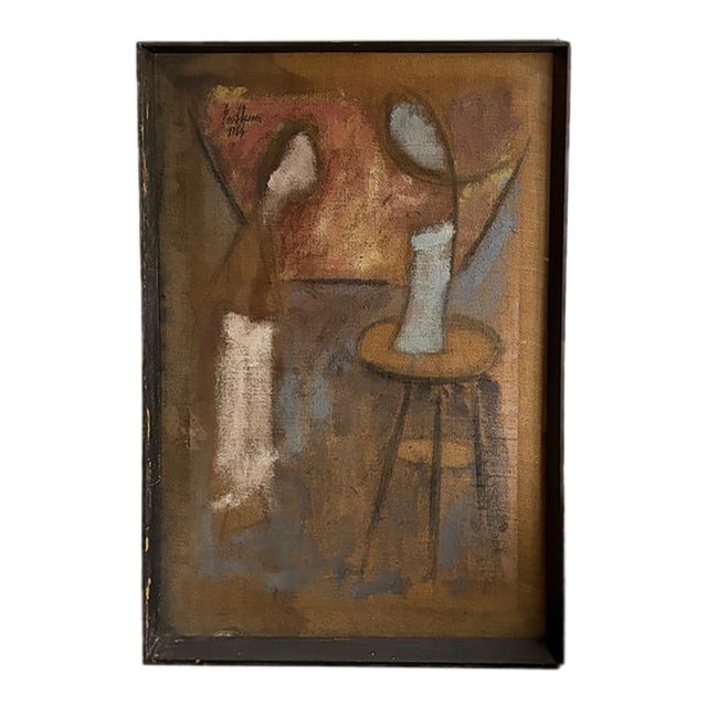 Original Mid Century Salvatore Emblema Painting on Jute - A Figure and a Looking Glass on a Table, Signed For Sale