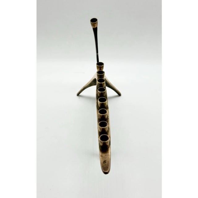 Printmaking Materials 1960s Mid-Century Brass Boat Menorah With Damascene Etching | Vintage Judaica Art Sculpture For Sale - Image 7 of 12