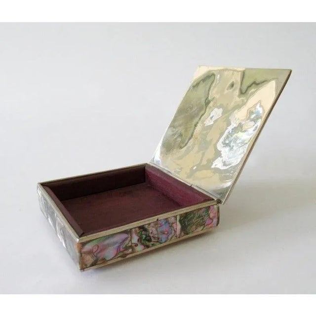 Wood Vintage C.1960's Mexican Signed Taxco, Hand-Crafted Silver Plate Trim & Abalone Emblazoned Lidded Keepsake Box For Sale - Image 7 of 13