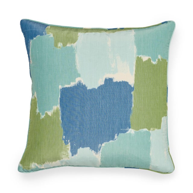 Textile Contemporary Schumacher Colorblock Ikat Aqua Linen Two-Sided Pillow For Sale - Image 7 of 7