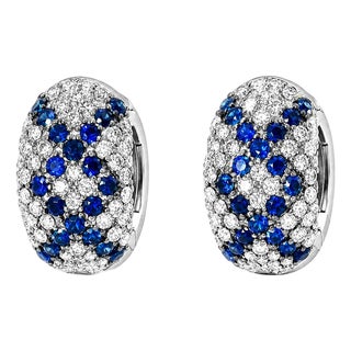 Late 20th Century 14K White Gold Champagne Diamond Sapphire Mosaic Huggie Earrings Estate, Pair For Sale