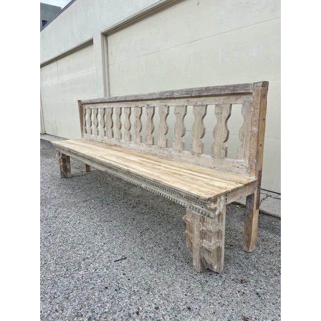 Vintage Long Banister Indian Farmhouse White Wash Bench For Sale - Image 9 of 10