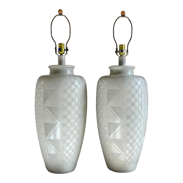Pair of Casual Lamps of California 1988 Etched Post Modern Ceramic Lamps For Sale