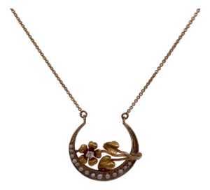 1900-1909 Art Nouveau Repurposed 14k Gold Seed Pearl Crescent Necklace