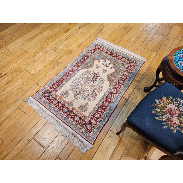 Vintage Turkish Silk Kayseri Rug, Handwoven Tree of Life Design, Ivory & Red, 3' x 5' For Sale - Image 9 of 10