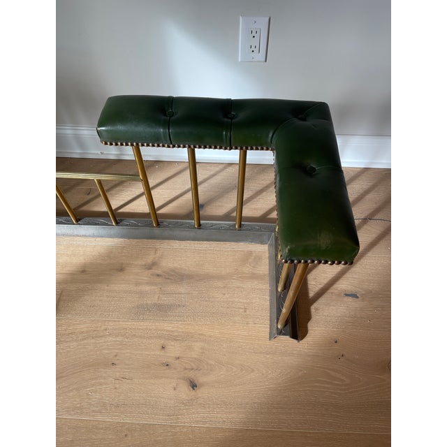 Vintage English Steel and Brass Fireplace Fender With Green Leather Tufted Seat For Sale - Image 10 of 11