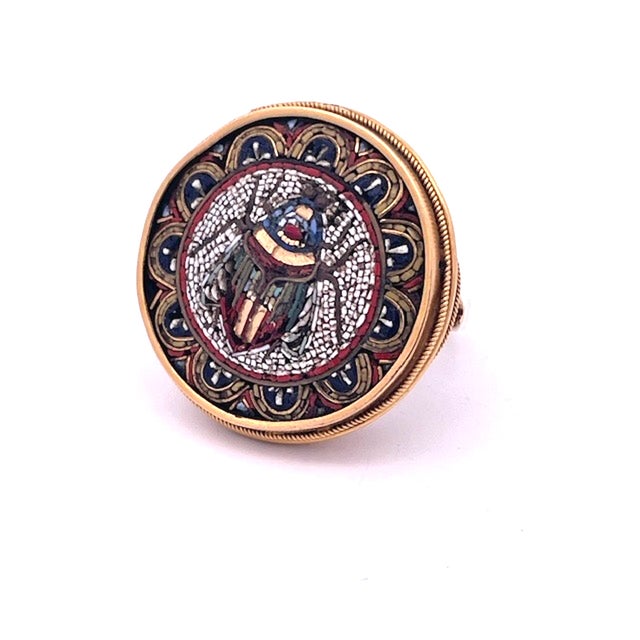 Ceramic 19th Century Egyptian Micro Mosaic Scarab Ring 18k, Size 7 For Sale - Image 7 of 11