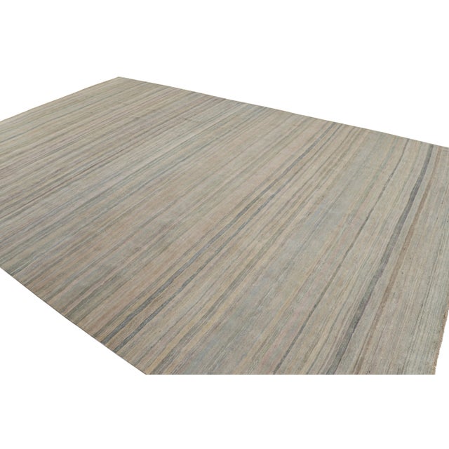 Contemporary Rug & Kilim’s Modern Textural Rug in Greige and Blue Stripes and Striae For Sale - Image 3 of 8