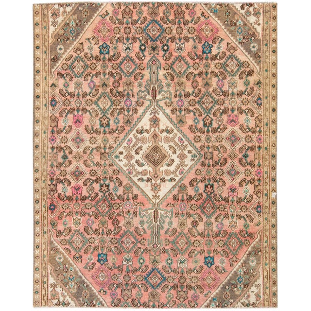 Textile 1960s Vintage Persian Distressed Handmade Medallion Peach Wool Rug For Sale - Image 7 of 7