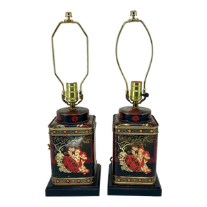 Pair of Vintage English Tole Tea Caddy Chinoiserie Table Lamps