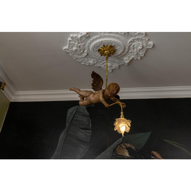 French Art Nouveau Cherub Pendant Light in Carved Wood & Frosted Glass, 1920 For Sale - Image 9 of 18