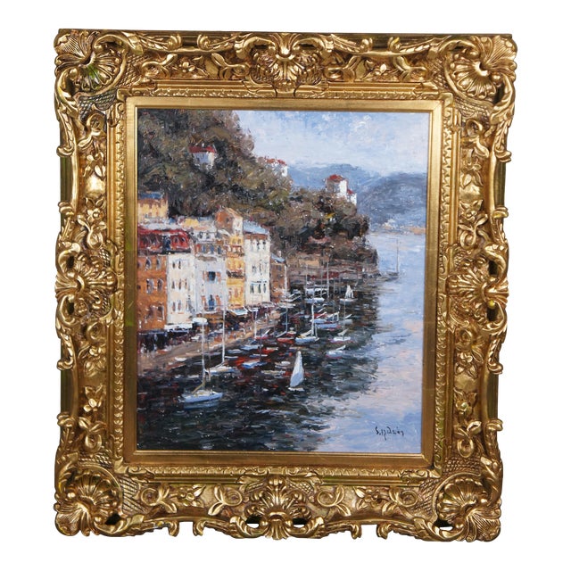 Early 20th Century European Impressionist Oil Painting Coastal Seascape Sailboats Signed & Framed For Sale