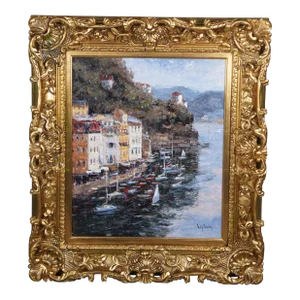 Early 20th Century European Impressionist Oil Painting Coastal Seascape Sailboats Signed & Framed