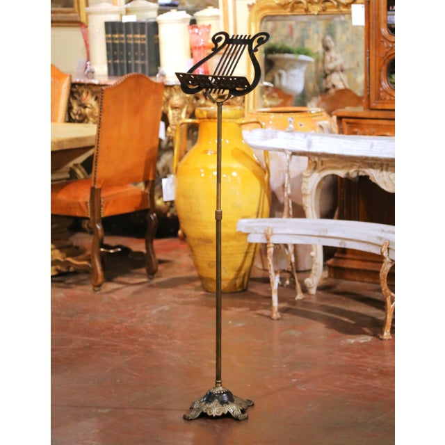 Metal Mid-Century French Brass Music Stand on Stand With Lyre Motif For Sale - Image 7 of 9