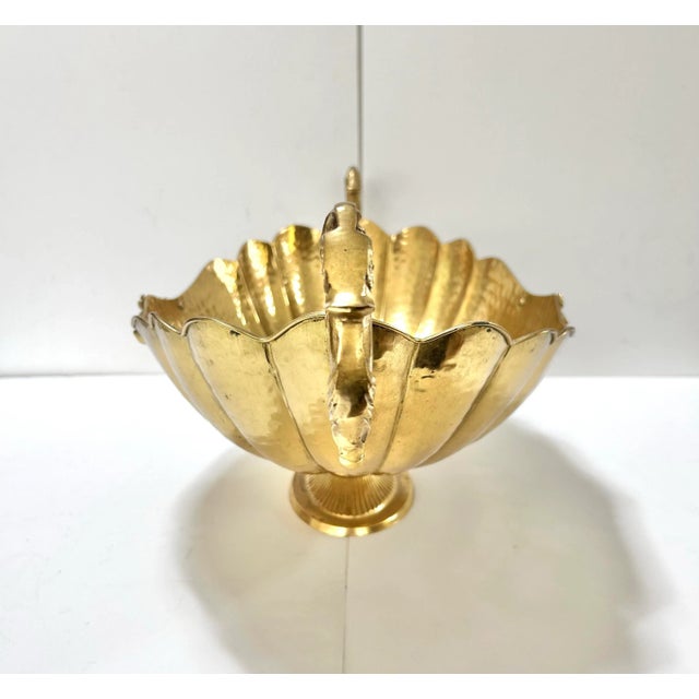 Large Hollywood Regency Brass Pedestal Bowl – Scalloped Centerpiece With Ornate Handles For Sale - Image 4 of 12