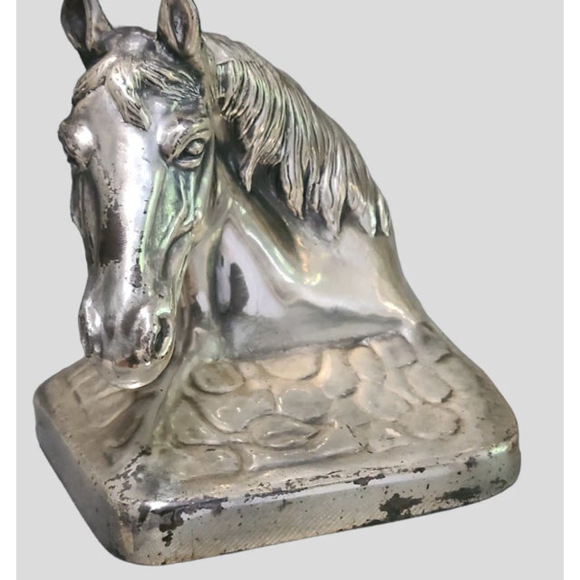 Metal Vintage Decorative Equestrian Horse Head Silvered Metal Bookends Marked Pmc88- Set of 2 For Sale - Image 7 of 10
