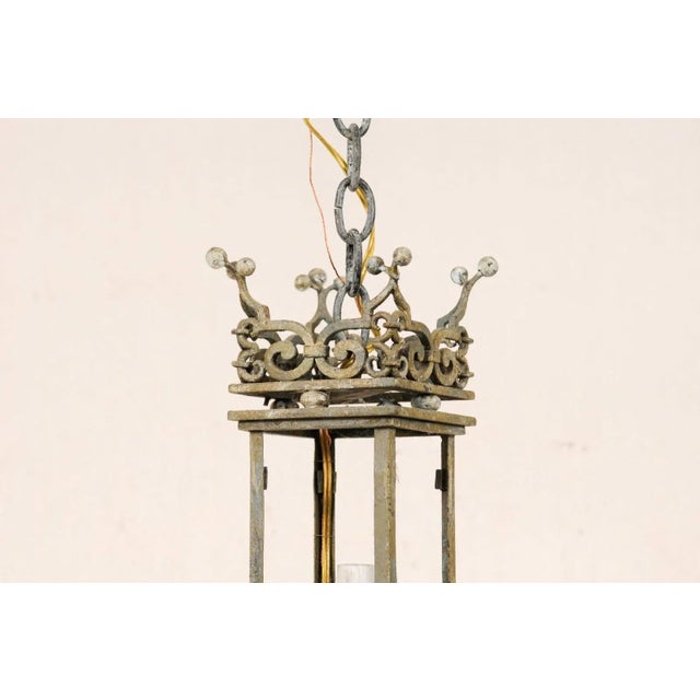 Gray Mid 20th Century Italian Hand-Forged Iron & Painted Wood Chandelier with Regal Crown at the Top For Sale - Image 8 of 9