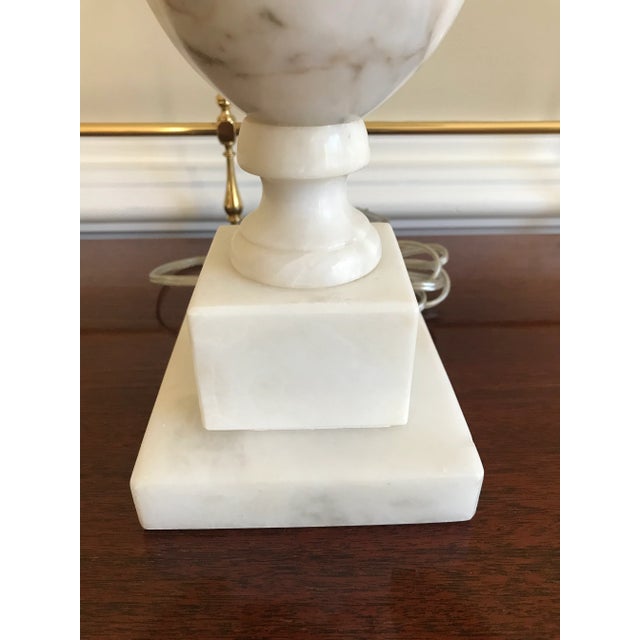 English 1930’s Solid White Marble Table Lamp with White Silk Shade and Crystal Finial For Sale - Image 3 of 7