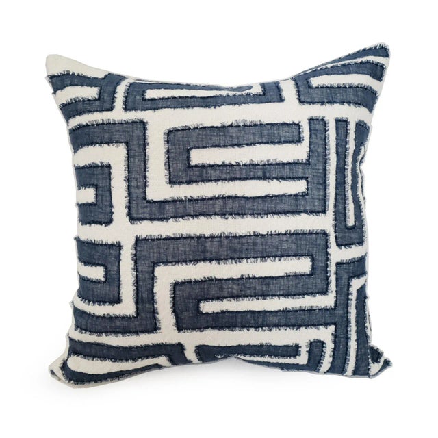 Beautiful embroidered azul Kuba inspired patterned pillow. Hand stitched embroidery with knife edge finish. Linen cotton...