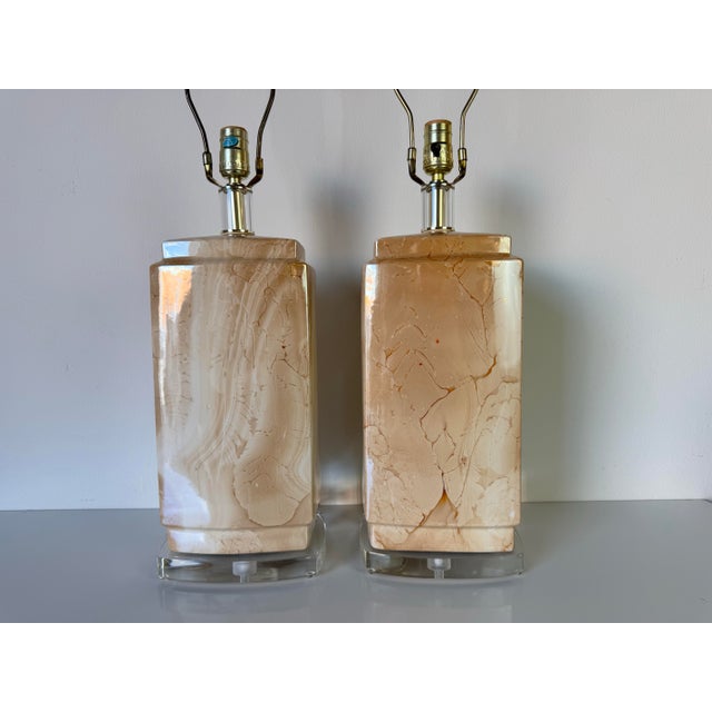 1980's Vintage Bauer Faux Marble Finish Ceramic Table Lamps - a Pair For Sale - Image 10 of 12
