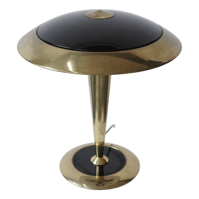 Vintage Italian Table Lamp in Brass and Black Glass, 1980s For Sale