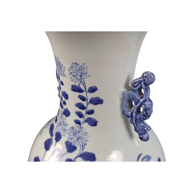 Late 20th Century Antique Chinese Blue & White Porcelain Floor Vase With Dragon Handles For Sale - Image 5 of 8
