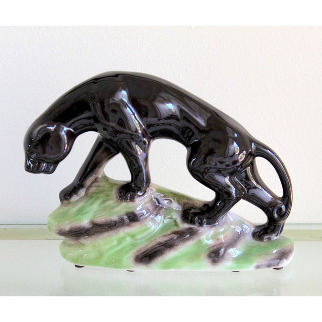 Mid-Century Modern 1950s Mid-Century Modern Black Panther Ceramic Sculpture – Glossy Art Pottery Jaguar on Rock Base For Sale - Image 3 of 10