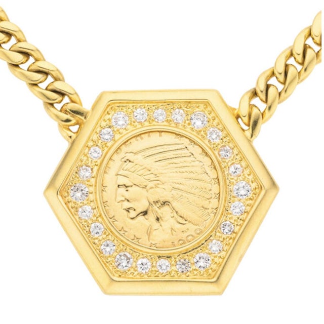 Art Deco 1909 Us Indian Head $5 Gold Coin Pendant Necklace, 14k Gold With Diamonds For Sale - Image 3 of 11