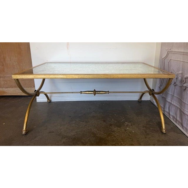 Melissa Levinson Curule Gilt Iron Coffee Table With Antiqued Mirror Top by Miamar Home For Sale - Image 4 of 14
