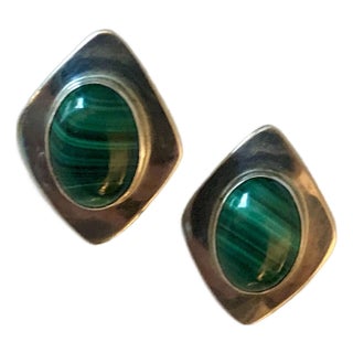 1980s Navajo Selina Jake Malachite Sterling Modernist Earrings - Set of 2 For Sale