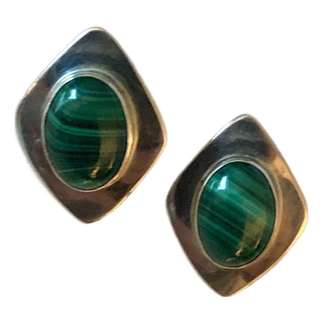 1980s Navajo Selina Jake Malachite Sterling Modernist Earrings - Set of 2 For Sale
