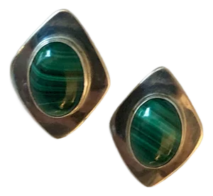 1980s Navajo Selina Jake Malachite Sterling Modernist Earrings - Set of 2