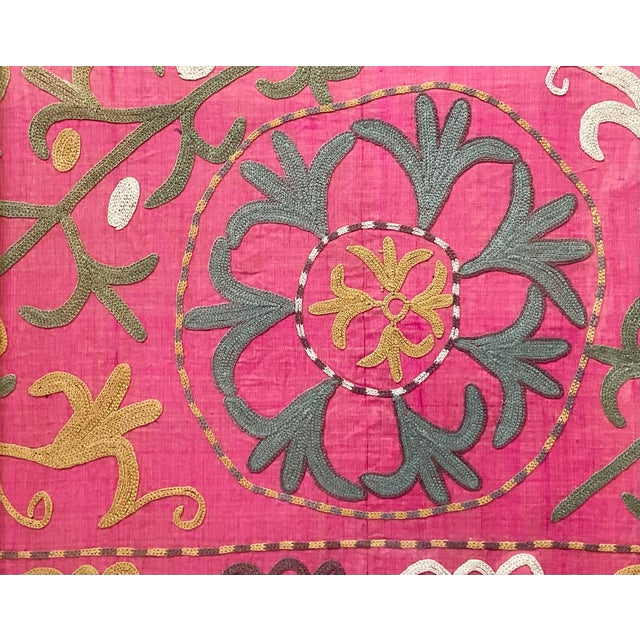 Pink Exquisite Pair of Hand-Embroidered Antique Silk Suzani Framed Silk-on-Silk For Sale - Image 8 of 14