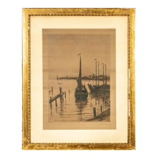 Signed Dutch Etching, Fishing Boats at a Dock For Sale