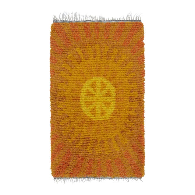Vintage Swedish Rya Runner With Rust and Gold Sunburst Medallion - Rug & Kilim For Sale