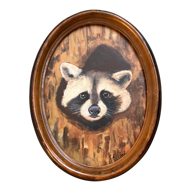 Contemporary Original Stephen Heigh Racoon Painting “Home Sweet Home” Oval Frame For Sale