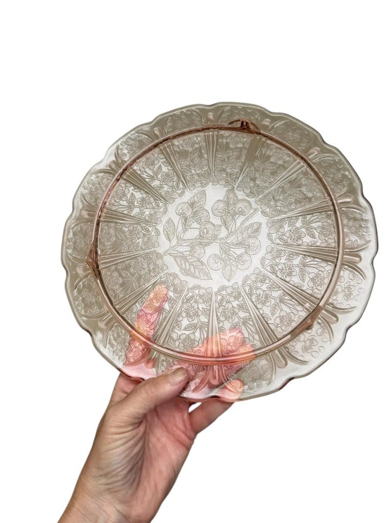 アメリカ ヴィンテージ Jeannette Glass ガラス　ケーキプレート Vintage Pink Depression Glass Cake Plate Jeanette Cherry Blossom