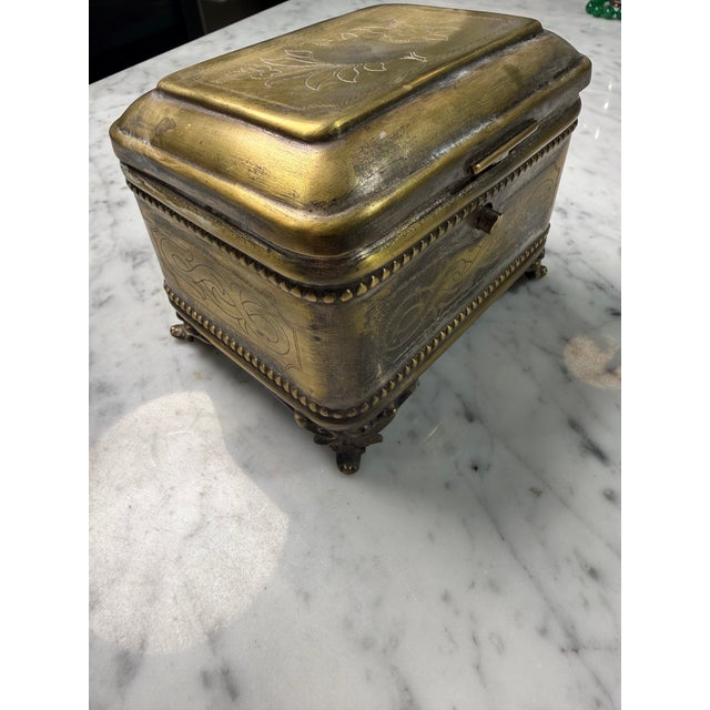 Mid 20th Century Vintage Brass Engraved Jewelry Casket With Claw Feet For Sale - Image 5 of 7