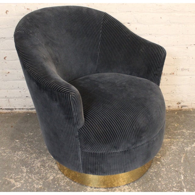 Mid-Century Modern Blue Corduroy Barrel Swivel Chair and Ottoman For Sale - Image 12 of 13