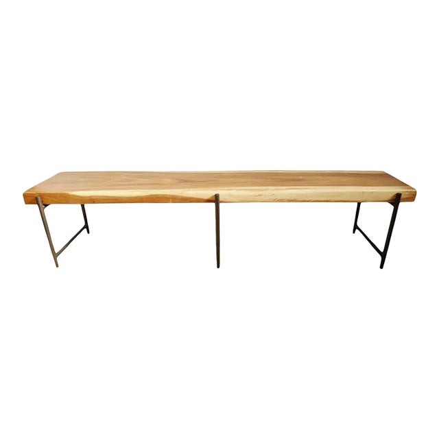 Modern Acacia Slab & Iron Bench For Sale