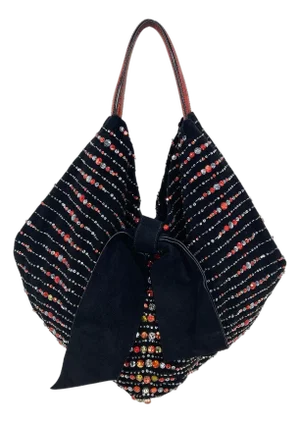 Valentino Black Suede Diamante Beaded Bow Tote