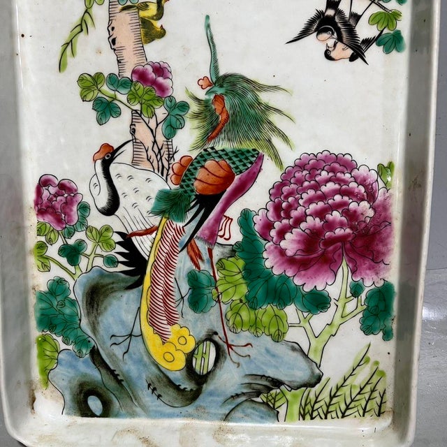 Ceramic 1970s Chinese Famille Rose Porcelain Rectangular Tray With Phoenix and Peonies For Sale - Image 7 of 9
