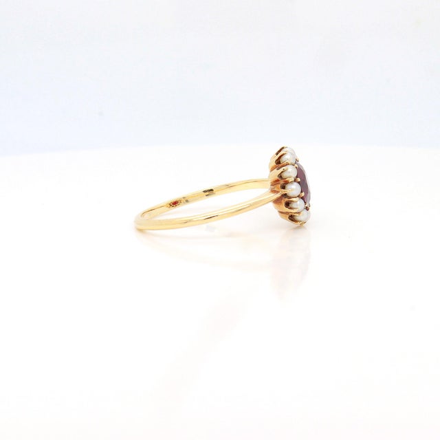 Signed Mid-Century Jones & Woodland 14k Gold, Garnet, and Seed Pearl Ring For Sale - Image 9 of 13