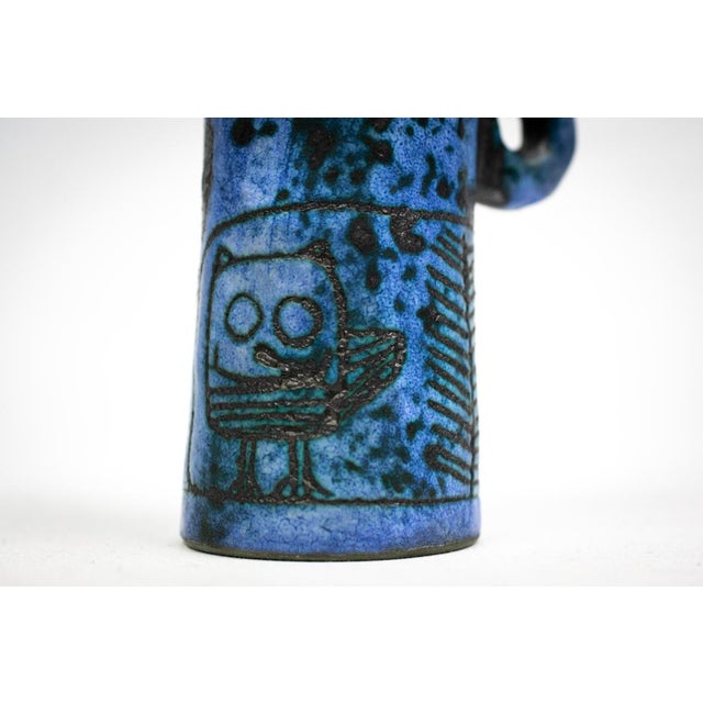 1960s Small Mid-Century French Blue Ceramic Ewer with Engraved Decoration of Stylized Owls and Fish by Jacques Blin, 1950s For Sale - Image 5 of 15