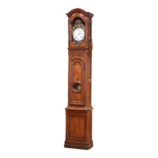 Mid-18th Century French Louis XV Carved Walnut Tall Case Clock From Lyon For Sale