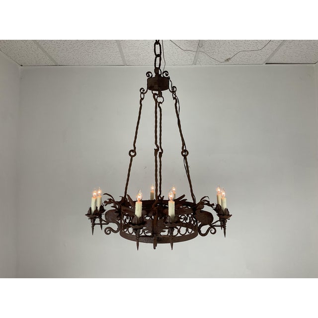 Gothic 1940s Forged Iron Dragon Chandelier For Sale - Image 3 of 11