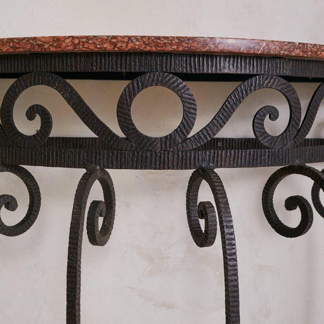 Metal French Wrought Iron Demilune Console with Rosso Verona Marble Top, 1940s For Sale - Image 7 of 8
