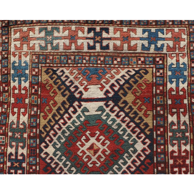 Antique Caucasian Kazak Rug With Geometric Design Medallions 3'10" X7'4" For Sale - Image 4 of 13